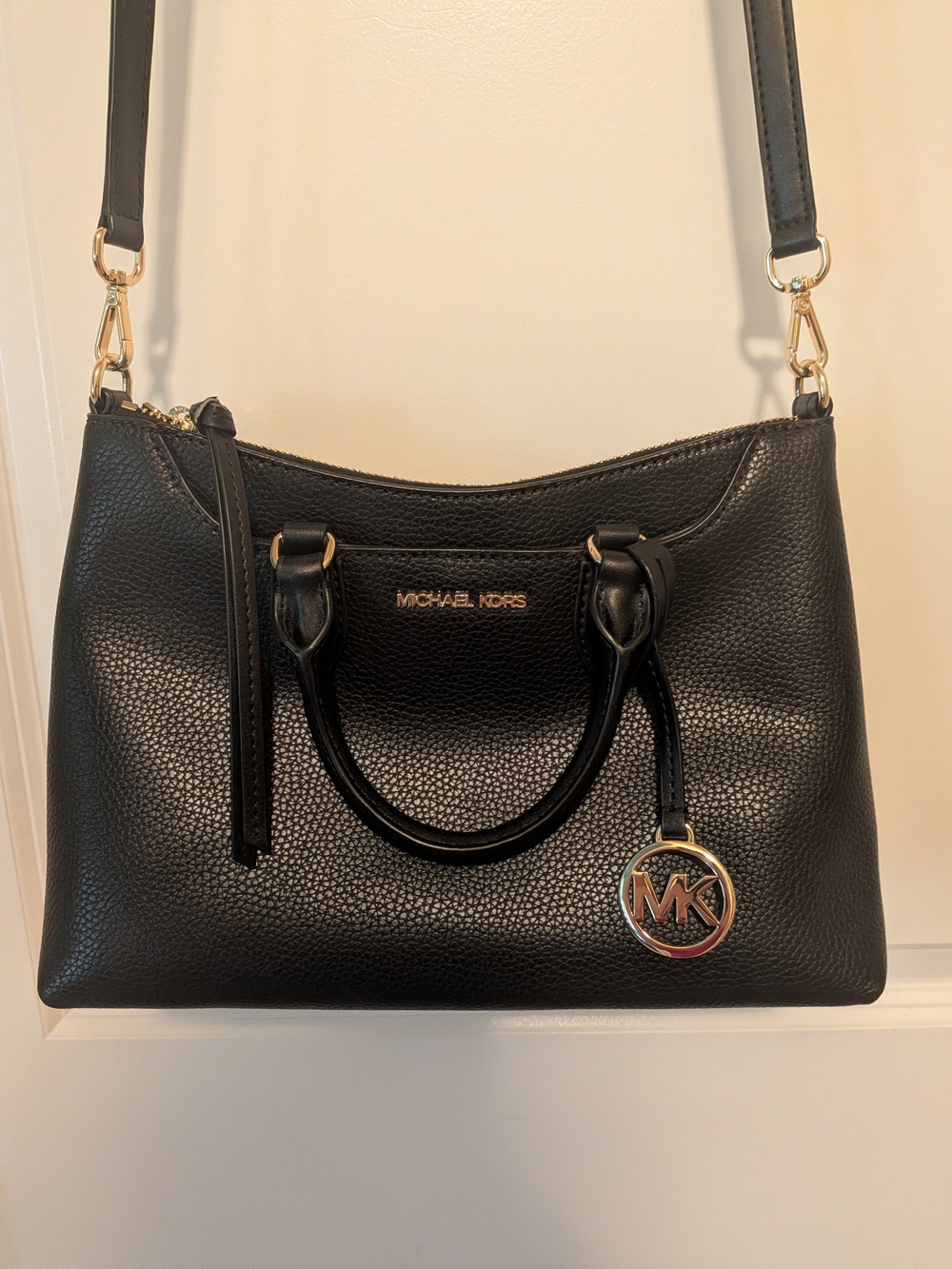 Michael Kors Black Pebbled Leather Satchel with Gold Hardware and MK Charm